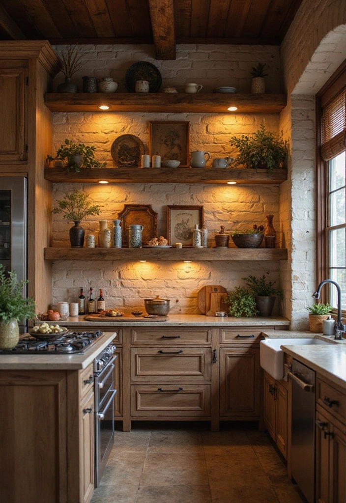 16 Rustic Open Kitchen Shelf Ideas That Bring Warmth to Your Home (Warning: #5 Is a Must-See!) - 13. Layered Lighting