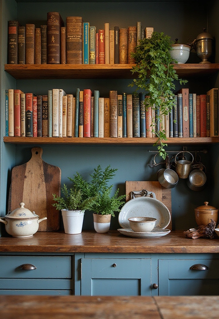 16 Rustic Open Kitchen Shelf Ideas That Bring Warmth to Your Home (Warning: #5 Is a Must-See!) - 5. Creative Display of Cookbooks