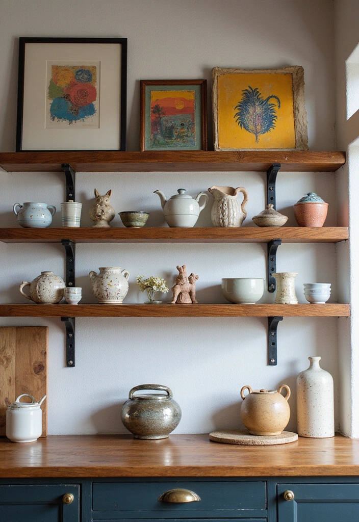 16 Rustic Open Kitchen Shelf Ideas That Bring Warmth to Your Home (Warning: #5 Is a Must-See!) - 6. Artsy Touch