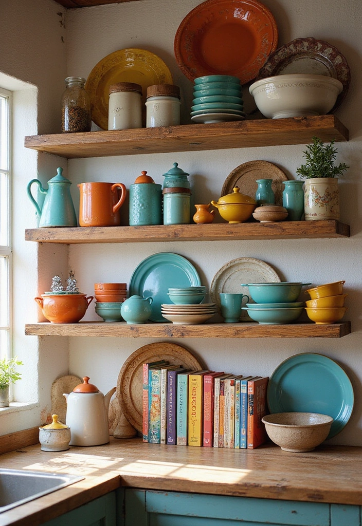 16 Rustic Open Kitchen Shelf Ideas That Bring Warmth to Your Home (Warning: #5 Is a Must-See!) - 9. Color Pop