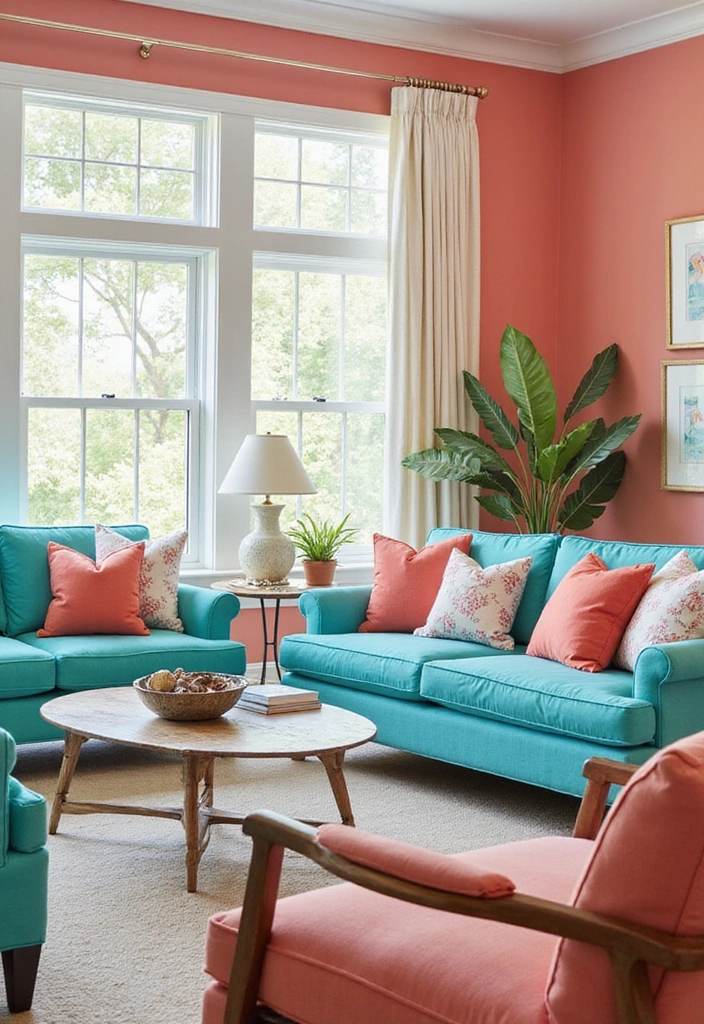17 Beach Color Palettes That Will Refresh Your Living Room and Your Spirit! - 3. Coral and Aqua