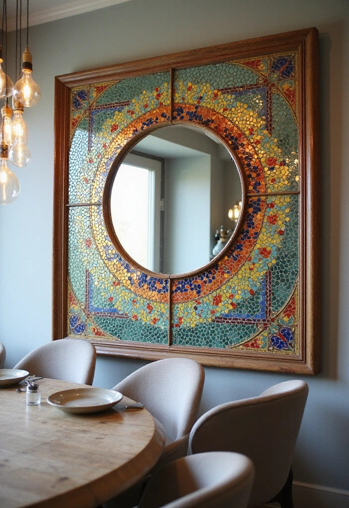 18 Colorful Dining Room Mirror Ideas That'll Brighten Up Your Space Instantly! - 1. Multi-Colored Mosaic Mirror