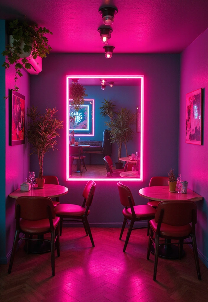 18 Colorful Dining Room Mirror Ideas That'll Brighten Up Your Space Instantly! - 11. Neon-Glow Mirrors