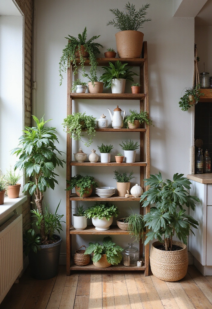 18 Modern Open Kitchen Shelves That Will Make Your Friends Jealous! - 13. Playful Ladder Approach