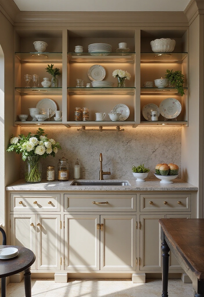 18 Modern Open Kitchen Shelves That Will Make Your Friends Jealous! - 7. Glass Shelves for Sleek Appeal