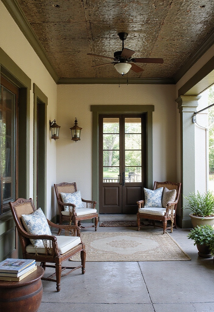18 Modern Porch Ceilings That Redefine Outdoor Elegance (You Can't Miss #7!) - 11. Vintage Tin Tile Ceilings