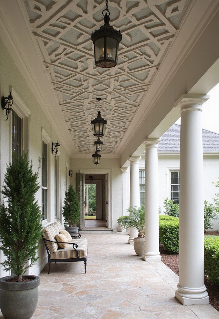 18 Modern Porch Ceilings That Redefine Outdoor Elegance (You Can't Miss #7!) - 17. Geometric Ceiling Patterns