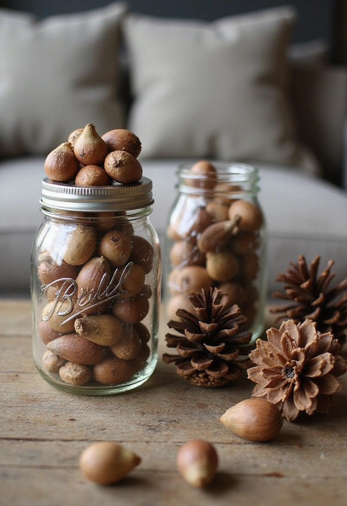 19 Cozy Mason Jar Fall Decor Ideas That Will Make Your Home Feel Like Autumn! - 15. Acorn and Pinecone Jars