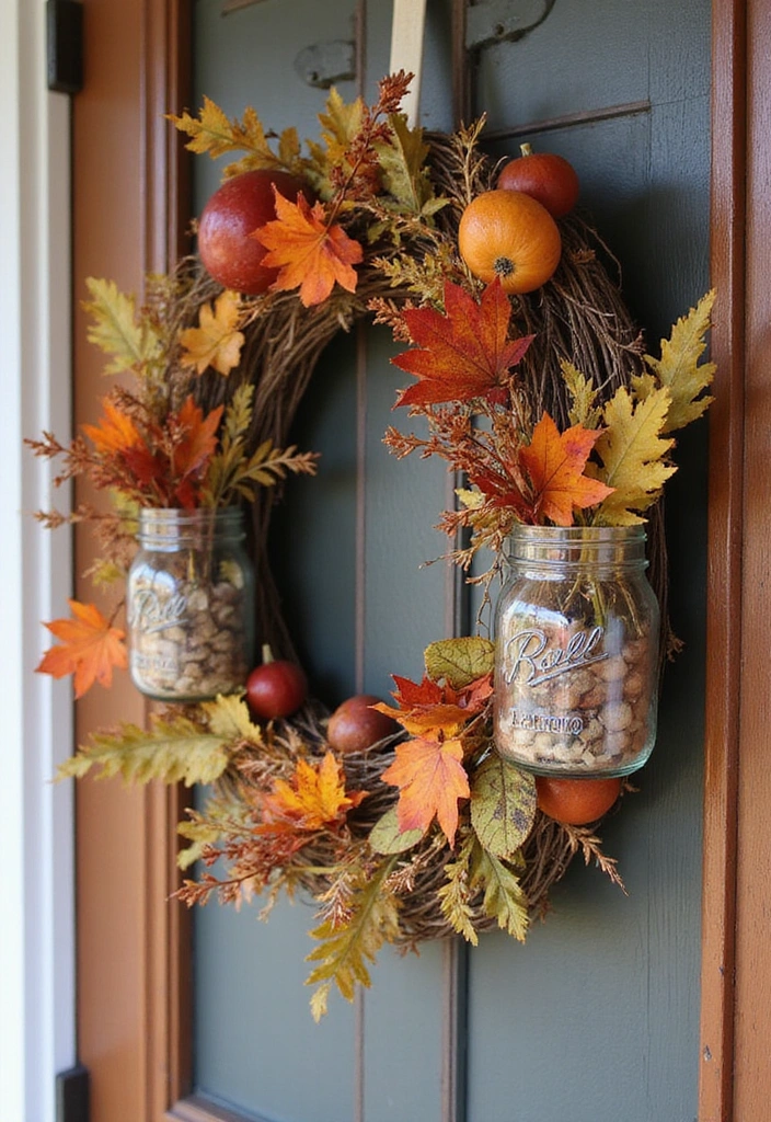 19 Cozy Mason Jar Fall Decor Ideas That Will Make Your Home Feel Like Autumn! - 19. Seasonal Wreaths with Jar Accents