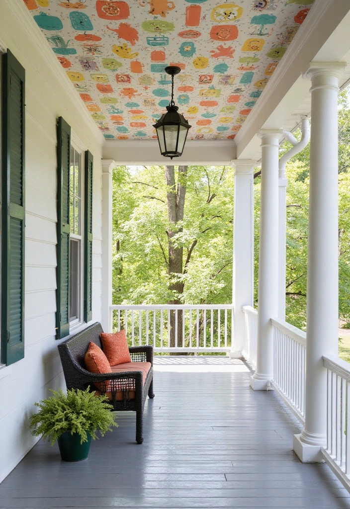 19 Creative Porch Ceiling Patterns That Will Make Your Guests Say 'Wow!' - 16. Playful Patterns with Wallpaper