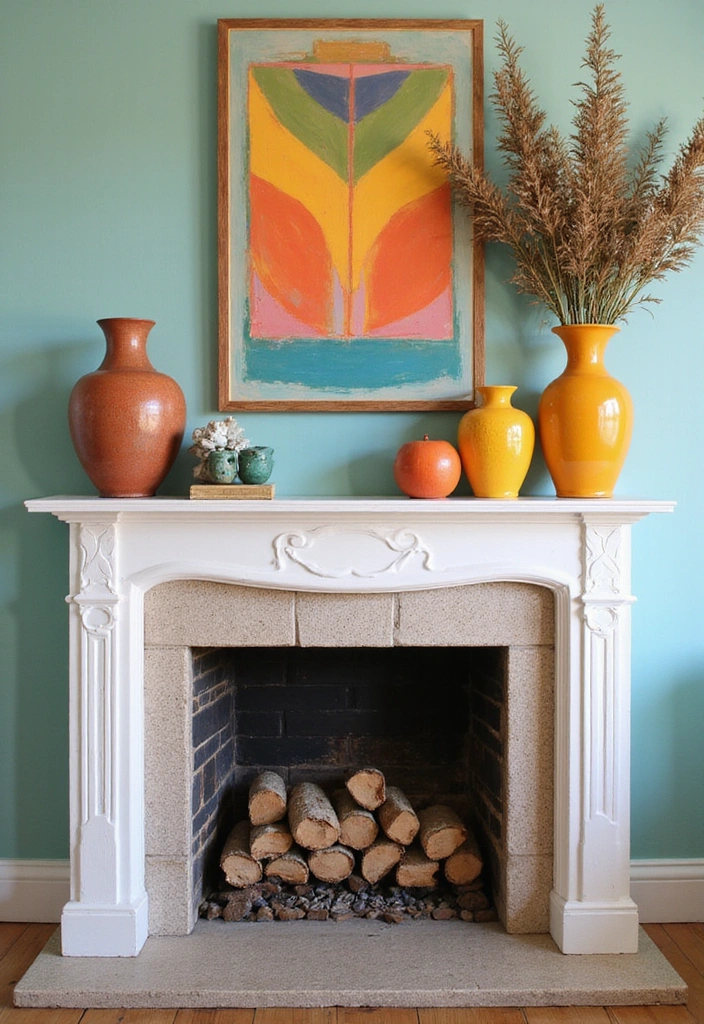 19 Layered Farmhouse Mantel Decor Ideas That Create Stunning Visuals (Tip #7 Will Blow Your Mind!) - 16. Play with Color