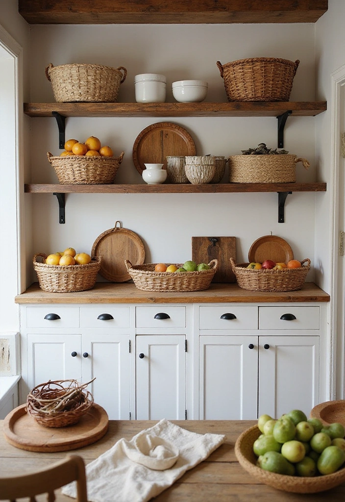 19 Vintage Open Kitchen Shelf Ideas That'll Give Your Kitchen Timeless Charm! - 10. Decorative Baskets