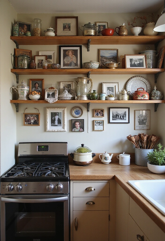19 Vintage Open Kitchen Shelf Ideas That'll Give Your Kitchen Timeless Charm! - 11. Gallery Wall of Kitchen Memories