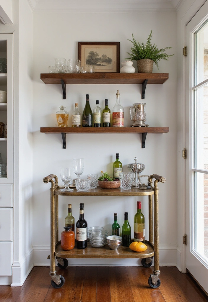 19 Vintage Open Kitchen Shelf Ideas That'll Give Your Kitchen Timeless Charm! - 14. Open Shelf Bar Cart