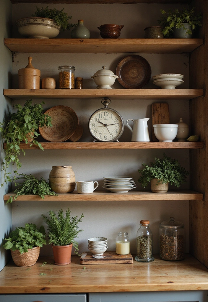 19 Vintage Open Kitchen Shelf Ideas That'll Give Your Kitchen Timeless Charm! - 17. Nostalgic Clock Decor