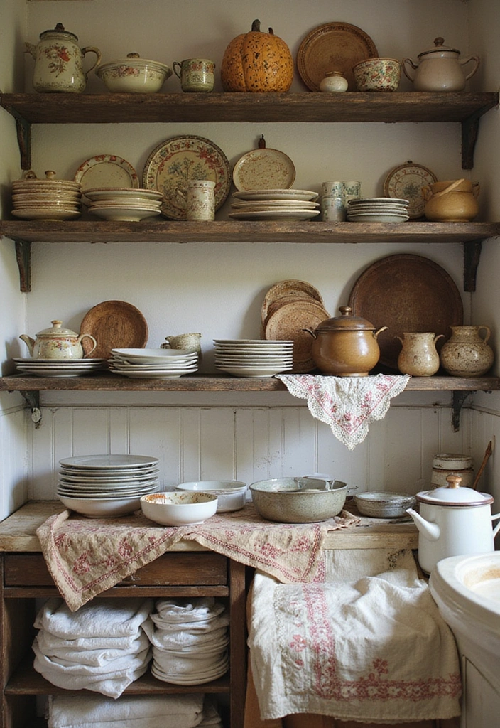 19 Vintage Open Kitchen Shelf Ideas That'll Give Your Kitchen Timeless Charm! - 7. Layered Textiles