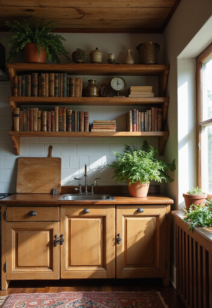 19 Vintage Open Kitchen Shelf Ideas That'll Give Your Kitchen Timeless Charm! - 8. Vintage Cookbooks as Decor