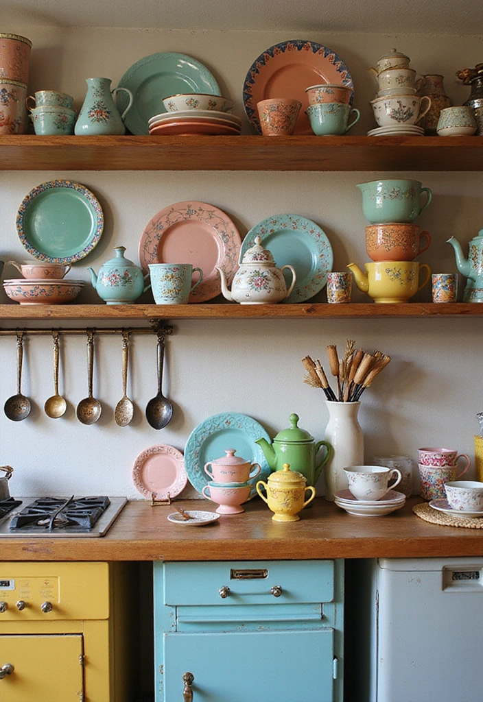 19 Vintage Open Kitchen Shelf Ideas That'll Give Your Kitchen Timeless Charm! - 9. Quirky Dishware Display