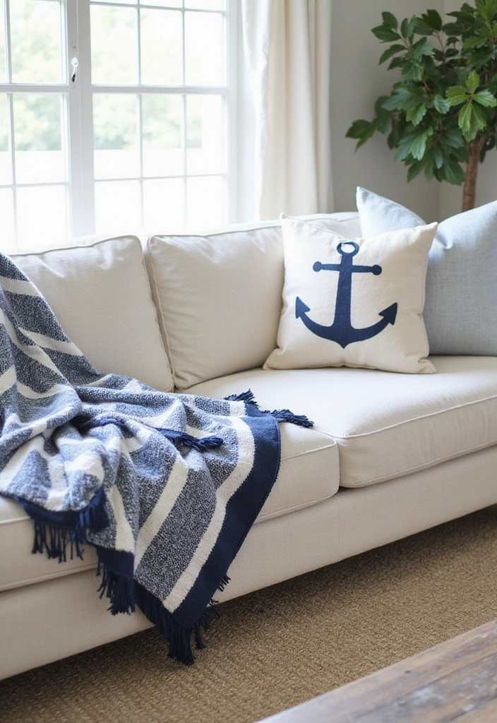 20 Beach Themed Textiles That Will Cozy Up Your Living Room (You’ll Love #17!) - 1. Nautical Stripes Throw