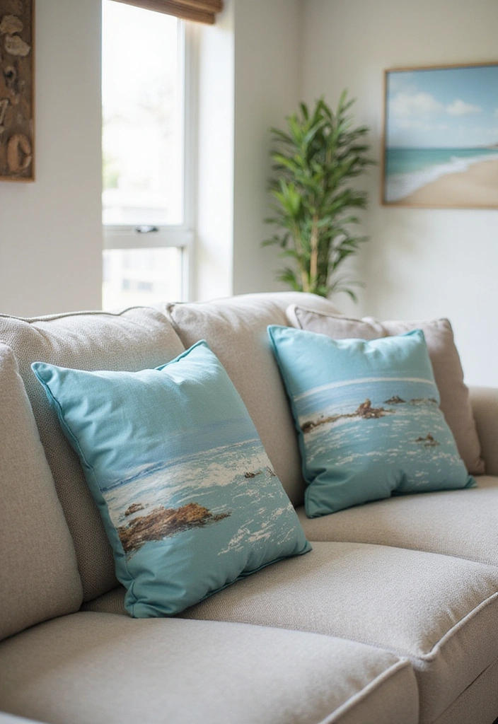 20 Beach Themed Textiles That Will Cozy Up Your Living Room (You’ll Love #17!) - 14. Seaside Scene Cushions