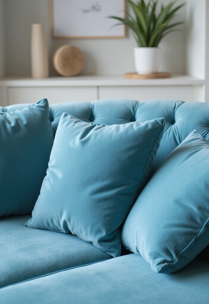 20 Beach Themed Textiles That Will Cozy Up Your Living Room (You’ll Love #17!) - 2. Ocean Blue Velvet Cushions