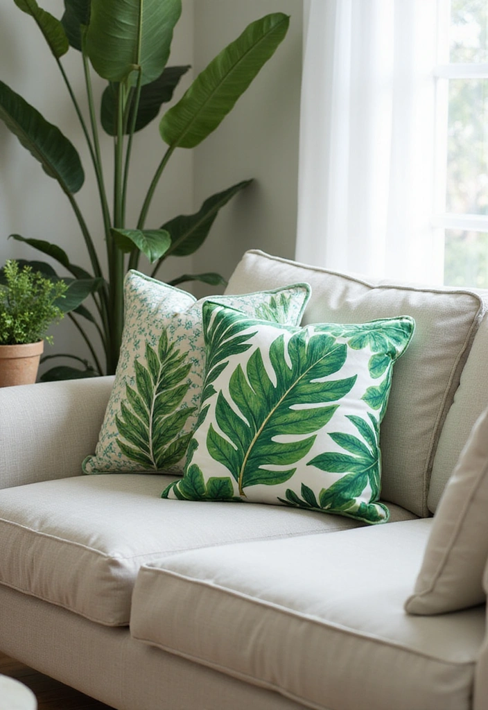 20 Beach Themed Textiles That Will Cozy Up Your Living Room (You’ll Love #17!) - 7. Tropical Leaf Print Cushions