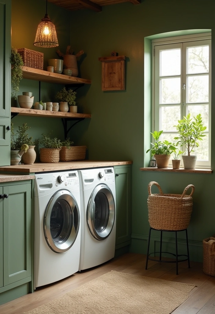 20 Color Schemes for Your Laundry Room That Will Make You Smile Every Time You Enter! (#5 Is So Bright!) - 11. Rustic Olive Green and Beige