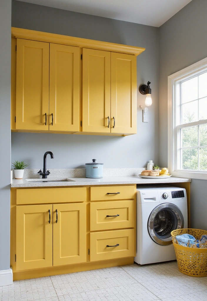 20 Color Schemes for Your Laundry Room That Will Make You Smile Every Time You Enter! (#5 Is So Bright!) - 2. Sunny Yellow and Gray