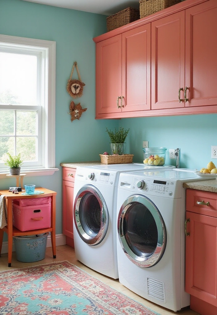 20 Color Schemes for Your Laundry Room That Will Make You Smile Every Time You Enter! (#5 Is So Bright!) - 5. Vibrant Coral and Aqua