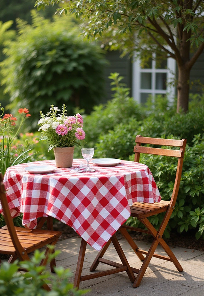 20 Colorful Garden Bistro Set Ideas That Will Brighten Up Your Outdoor Space! - 1. Bold Red and White Checkered Delight