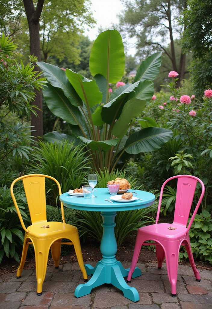 20 Colorful Garden Bistro Set Ideas That Will Brighten Up Your Outdoor Space! - 12. Tropical Paradise