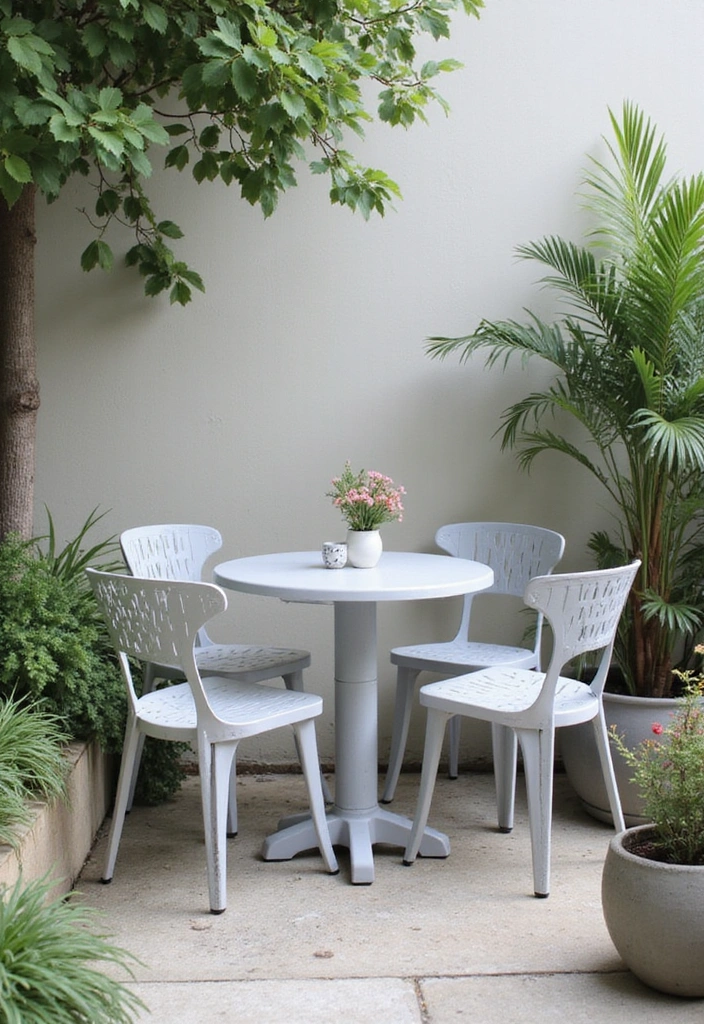 20 Colorful Garden Bistro Set Ideas That Will Brighten Up Your Outdoor Space! - 15. Soft Gray and White Elegance
