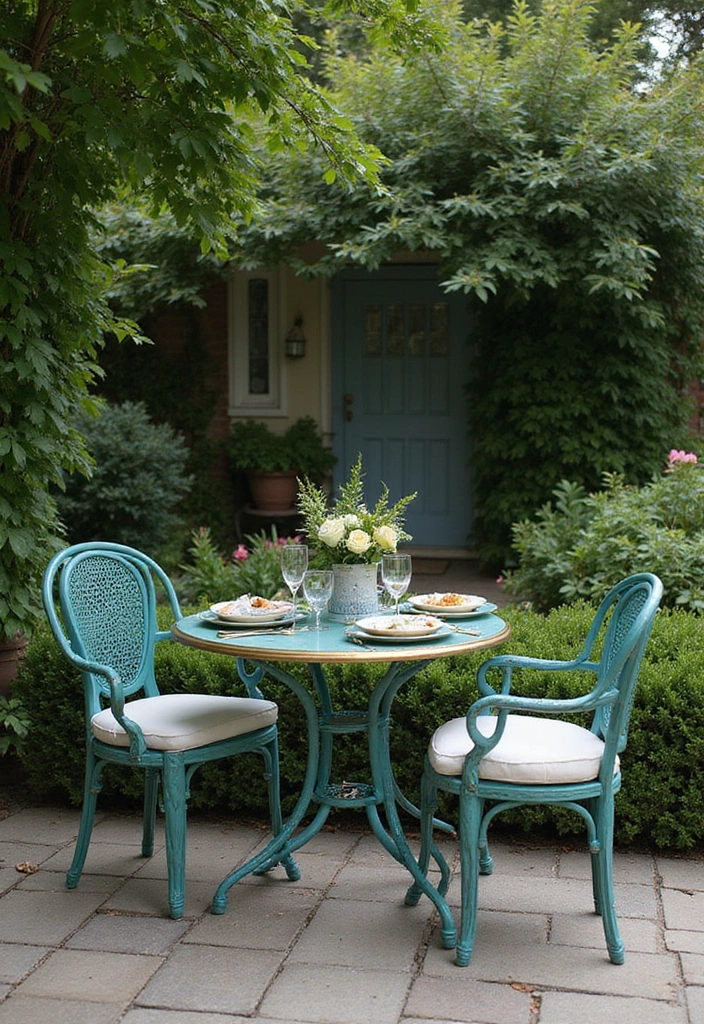 20 Colorful Garden Bistro Set Ideas That Will Brighten Up Your Outdoor Space! - 2. Elegant Teal and Gold Glamour