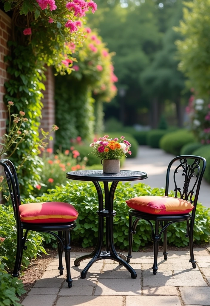 20 Colorful Garden Bistro Set Ideas That Will Brighten Up Your Outdoor Space! - 20. Elegant Black with Colorful Cushions