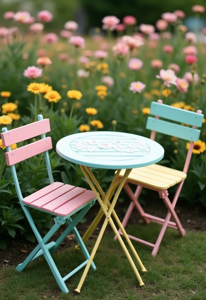 20 Colorful Garden Bistro Set Ideas That Will Brighten Up Your Outdoor Space! - 3. Playful Pastels for a Whimsical Touch