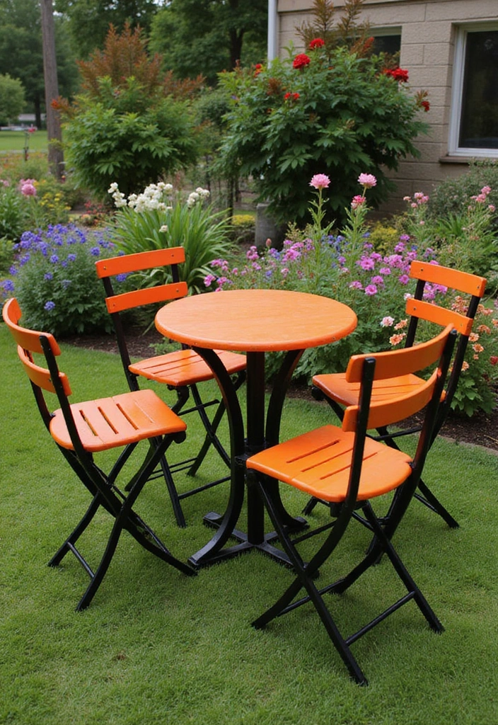 20 Colorful Garden Bistro Set Ideas That Will Brighten Up Your Outdoor Space! - 6. Funky Orange and Black Combo