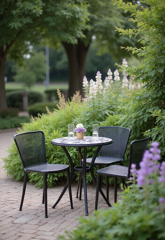 20 Colorful Garden Bistro Set Ideas That Will Brighten Up Your Outdoor Space! - 9. Chic Black and White Contrast