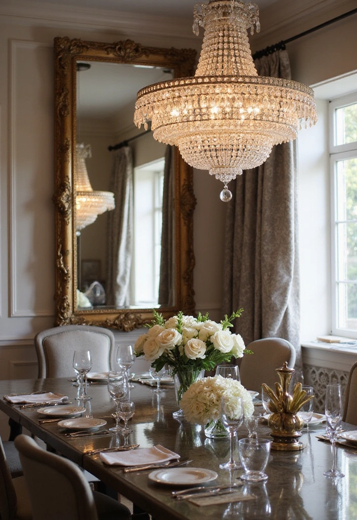 20 Luxury Dining Room Mirror Ideas That Will Make You Feel Like Royalty! - 14. Luxe Framed Mirror with Crystal Accents
