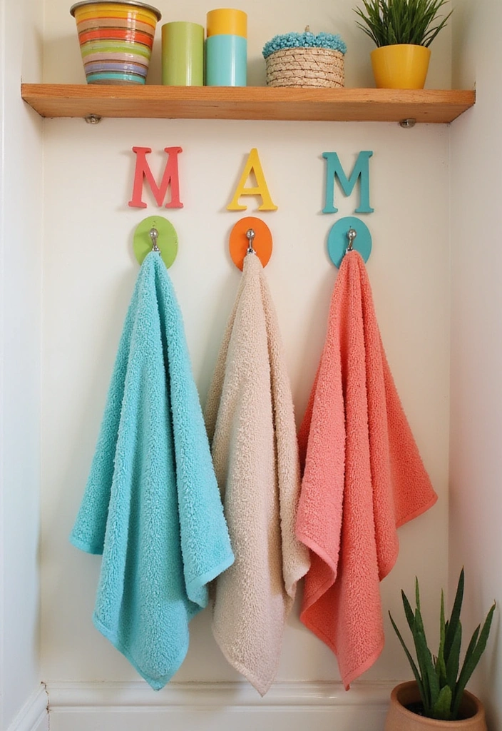 20 Personalized Bathroom Signs That Add a Touch of Family Love (You’ll Want #7!) - 19. Colorful Towel Hooks with Names