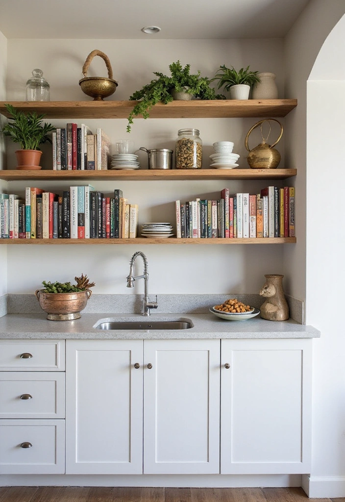 20 Small Open Kitchen Shelf Ideas That Maximize Space in Style (You'll Love #9!) - 13. Display Cookbooks Creatively