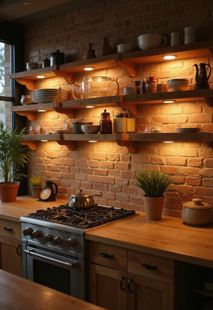 20 Small Open Kitchen Shelf Ideas That Maximize Space in Style (You'll Love #9!) - 14. Incorporate Lighting