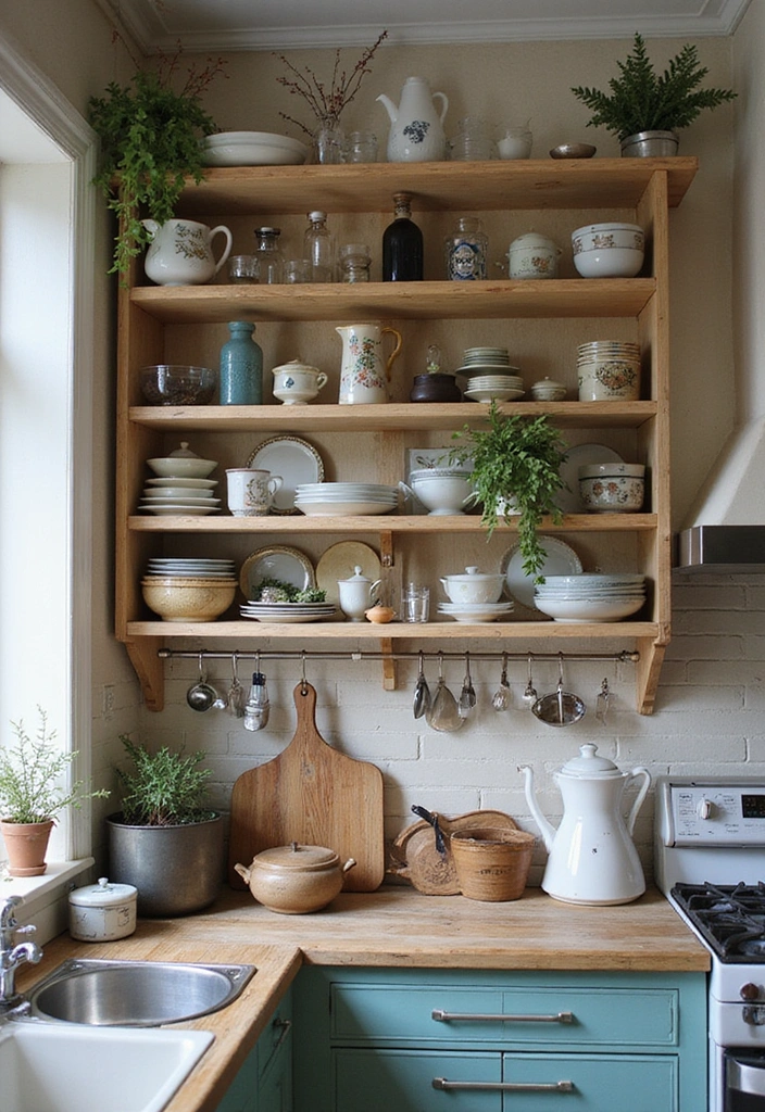 20 Small Open Kitchen Shelf Ideas That Maximize Space in Style (You'll Love #9!) - 16. Incorporate Vintage Finds