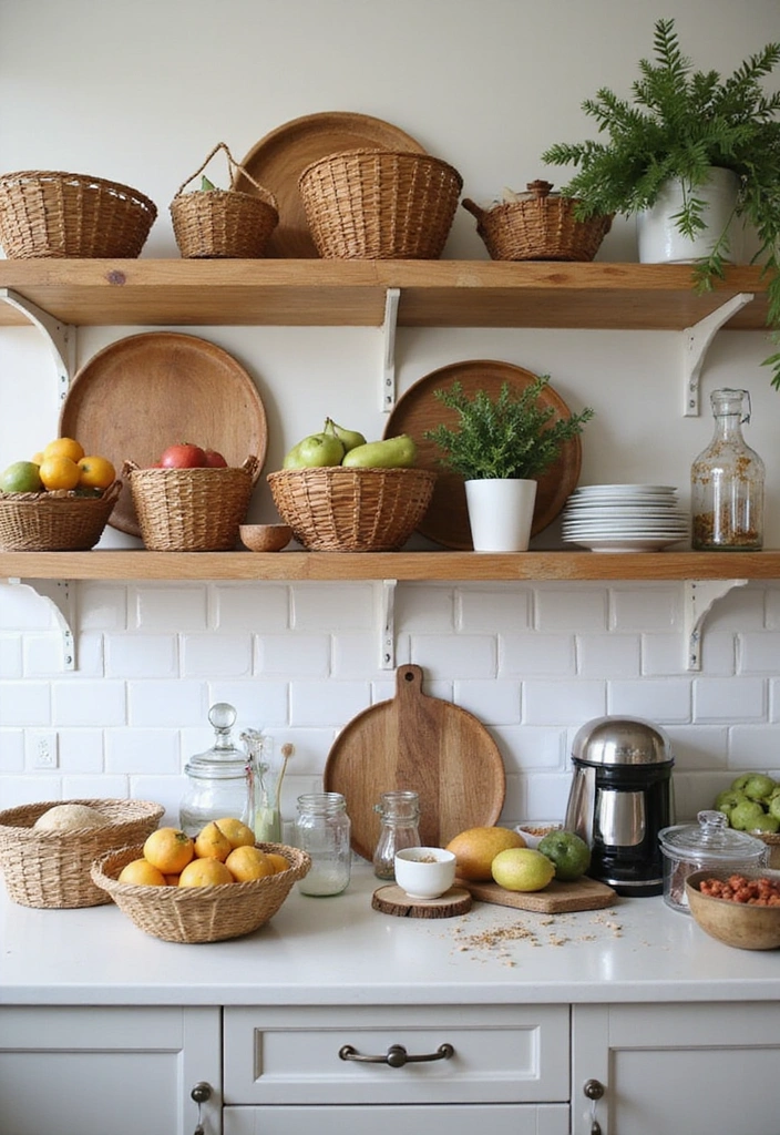 20 Small Open Kitchen Shelf Ideas That Maximize Space in Style (You'll Love #9!) - 3. Use Baskets for Functional Decor