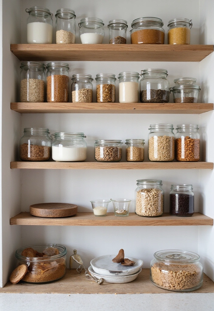 20 Small Open Kitchen Shelf Ideas That Maximize Space in Style (You'll Love #9!) - 8. Use Clear Glass Jars