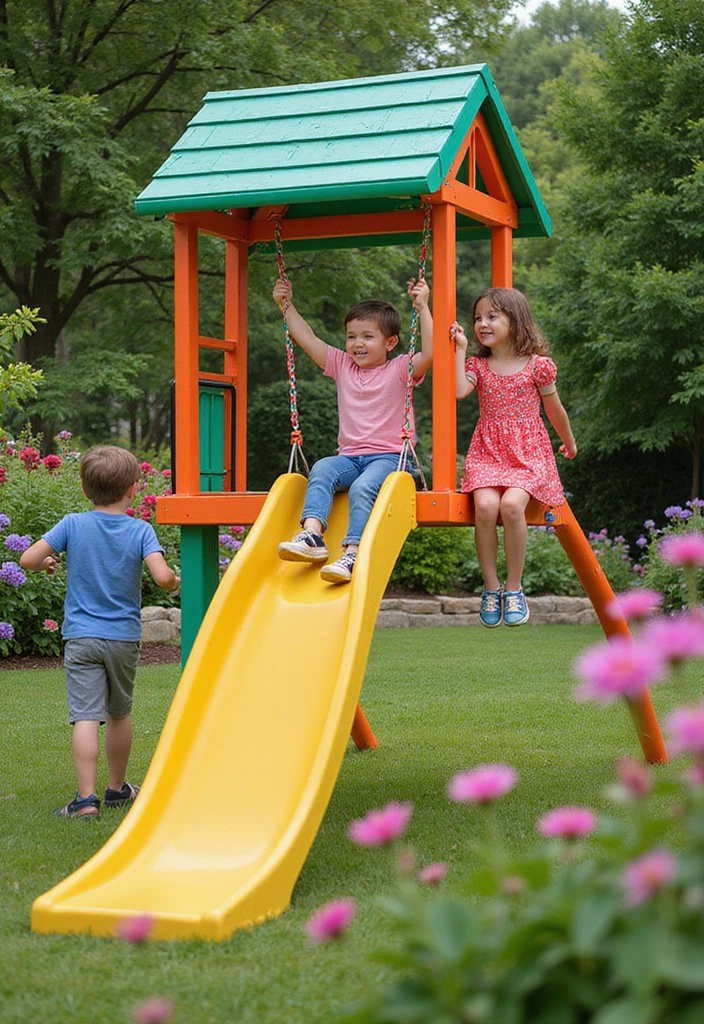 20 Whimsical Garden Playroom Ideas That Will Make Your Kids Never Want to Leave! - 10. Swing and Slide Combo