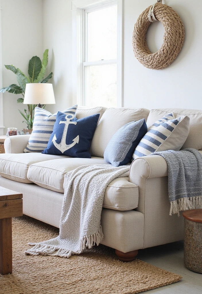 21 Affordable Beach Decor Tips for a Stunning Living Room (You Won't Believe #11!) - 4. Nautical Textiles