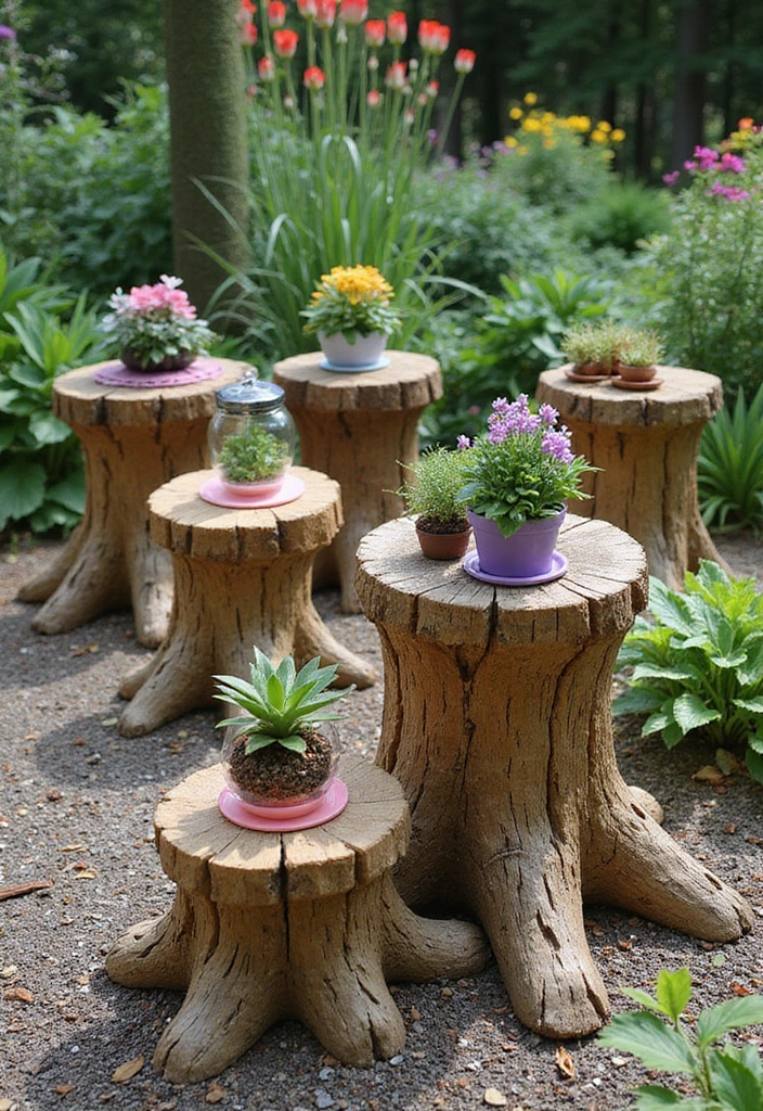 21 Stunning Tree Stump Furniture Ideas That Will Make Your Backyard the Talk of the Town! - 17. Stump Decorative Displays