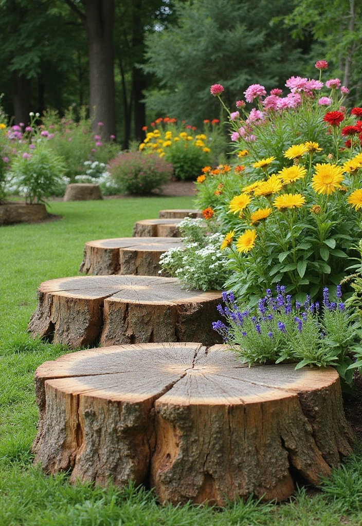 21 Stunning Tree Stump Furniture Ideas That Will Make Your Backyard the Talk of the Town! - 8. Stump Garden Borders
