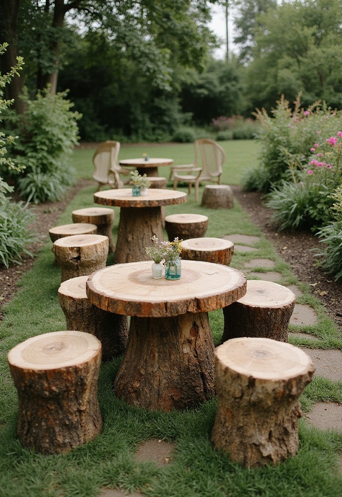 22 Brilliant Tree Stump Landscaping Ideas for a Jaw-Dropping Yard (Wait Until You See #17!) - 1. Rustic Tree Stump Tables