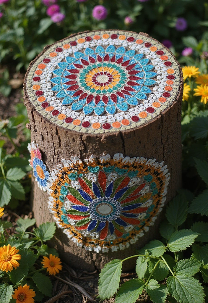 22 Brilliant Tree Stump Landscaping Ideas for a Jaw-Dropping Yard (Wait Until You See #17!) - 17. Stump Mosaic Art